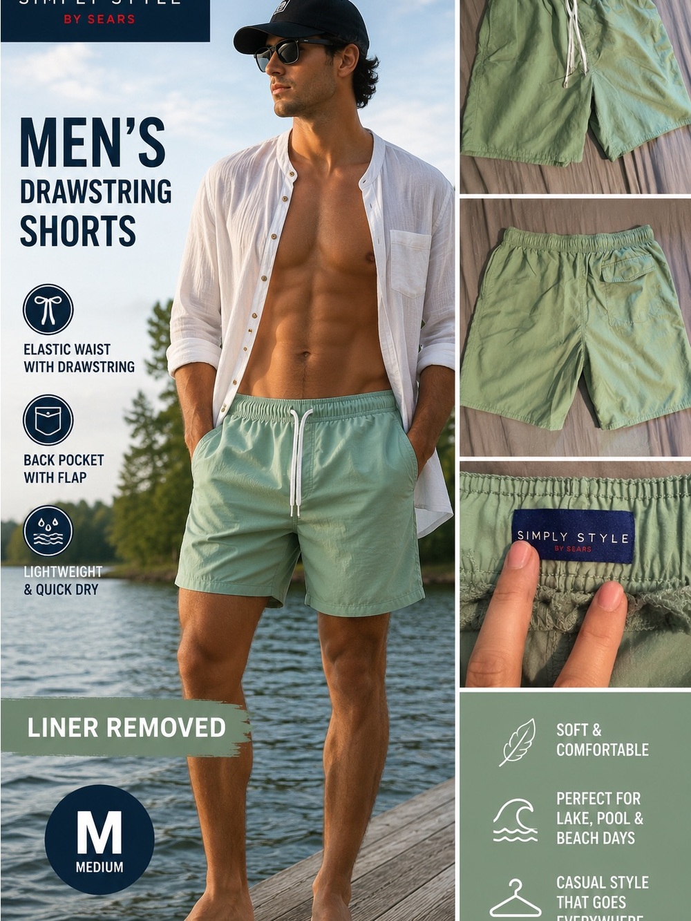 Simply Style by Sears Men's Drawstring Swim Shorts - Sage Green